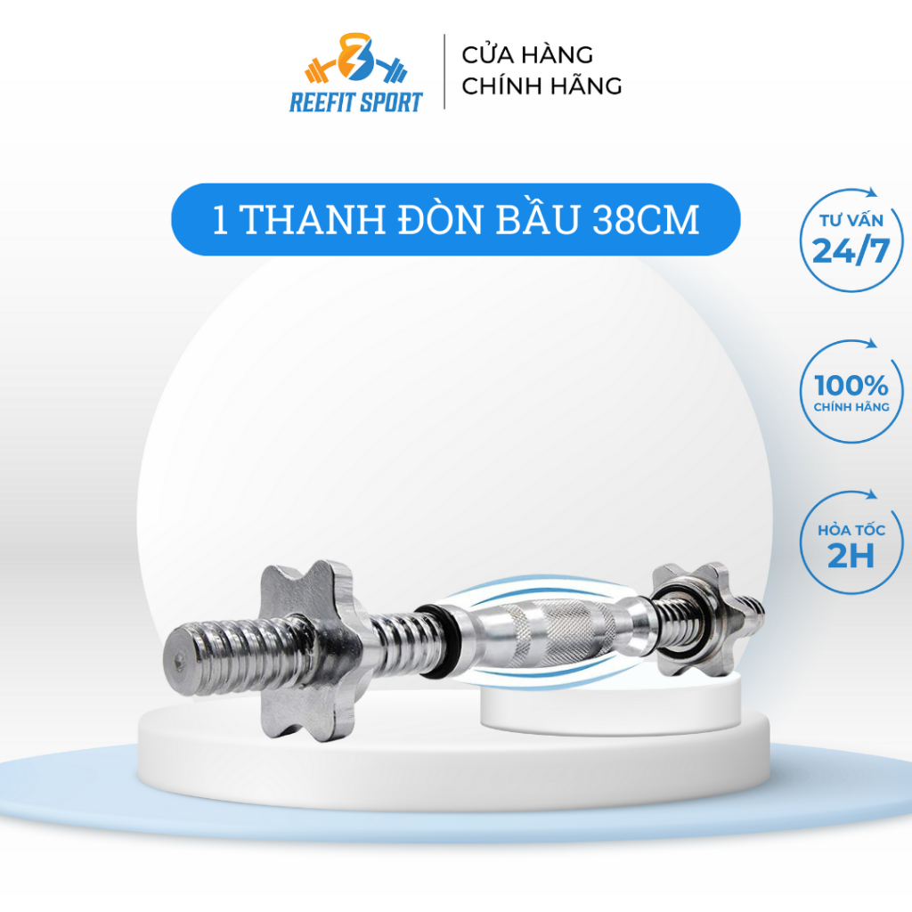 Đòn tạ tay ngắn bầu inox 38cm Reefit, đòn tập tạ, đòn tập cơ tay