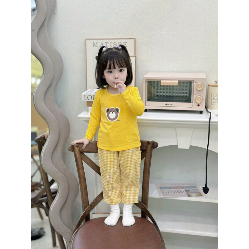 Bộ dài tay thu đông cho bé trai và bé gái, áo cotton quần kẻ thô BK56