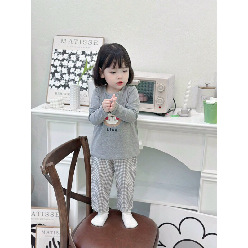 Bộ dài tay thu đông cho bé trai và bé gái, áo cotton quần kẻ thô BK56