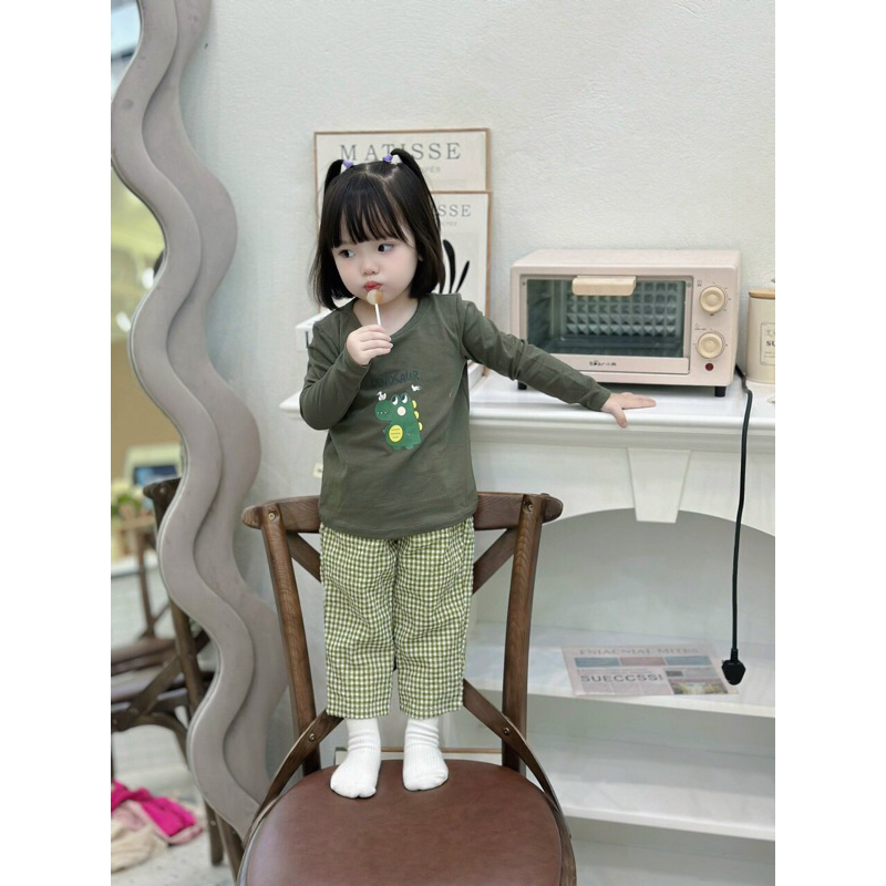 Bộ dài tay thu đông cho bé trai và bé gái, áo cotton quần kẻ thô BK56