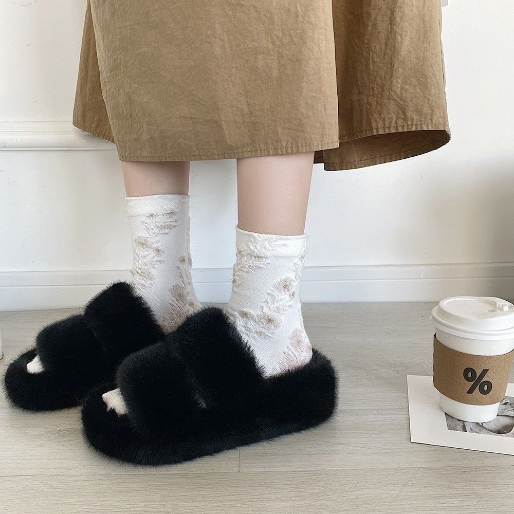 Dép lông đế dày cho nữ thích hợp đi ngoài trời mùa thu đông, đi êm chân, gót cao 5cm