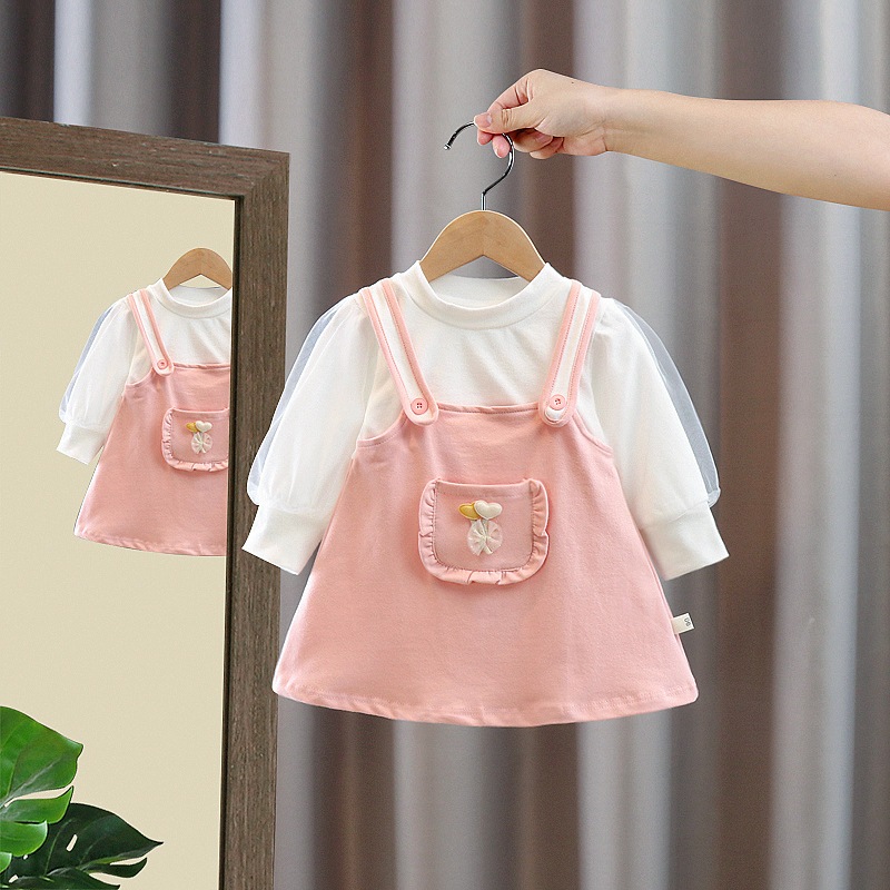 Váy bé gái giả yếm tay dài thun cotton cao cấp phong cách Hàn D902