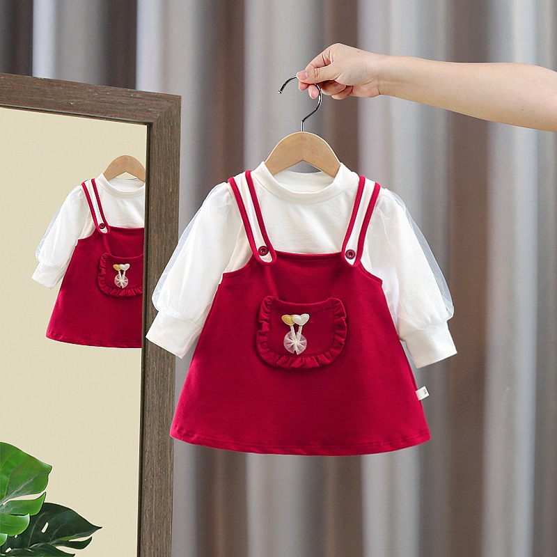 Váy bé gái giả yếm tay dài thun cotton cao cấp phong cách Hàn D902