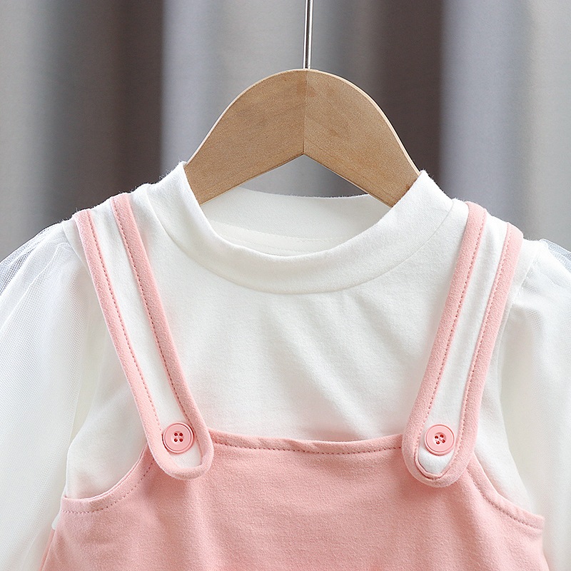 Váy bé gái giả yếm tay dài thun cotton cao cấp phong cách Hàn D902