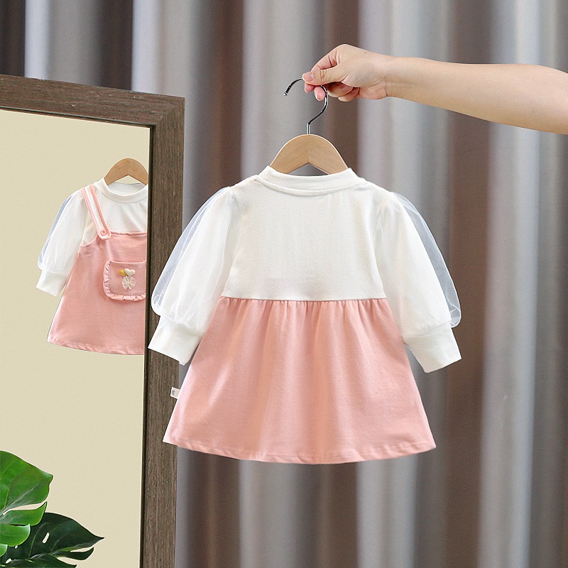 Váy bé gái giả yếm tay dài thun cotton cao cấp phong cách Hàn D902
