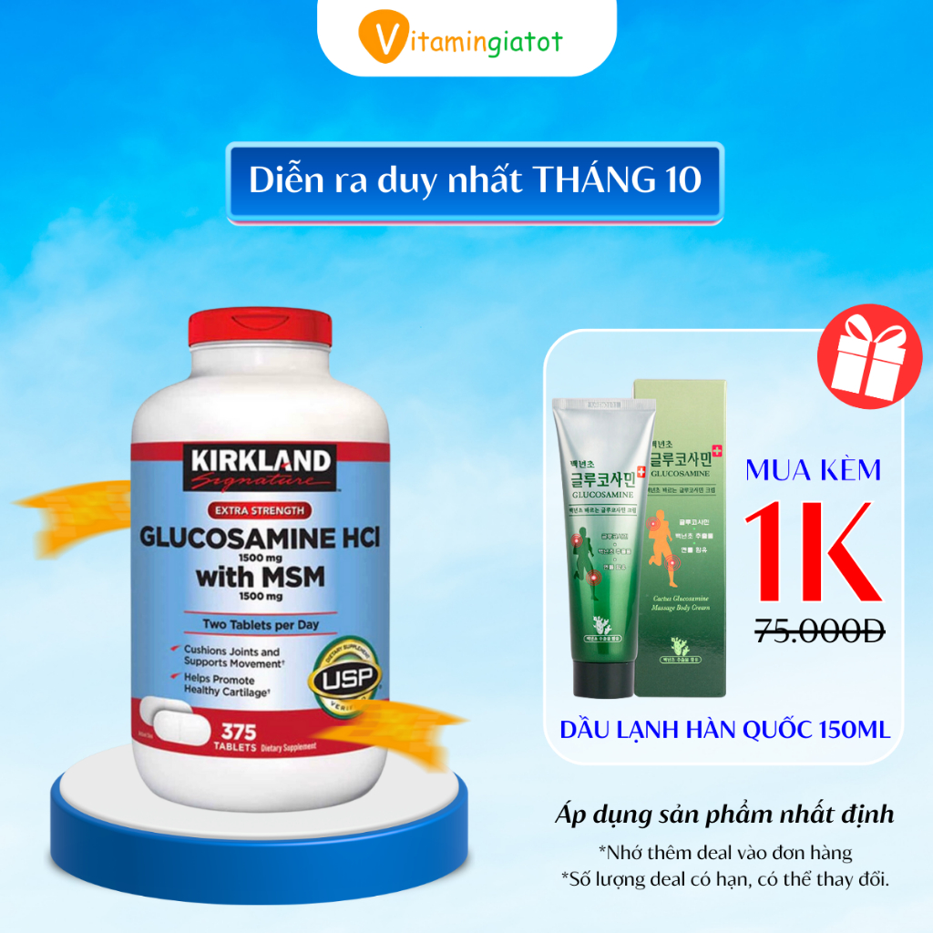 Viên uống bổ xương Kirkland Glucosamine HCL 1500mg With MSM 1500mg 375 Viên V00200