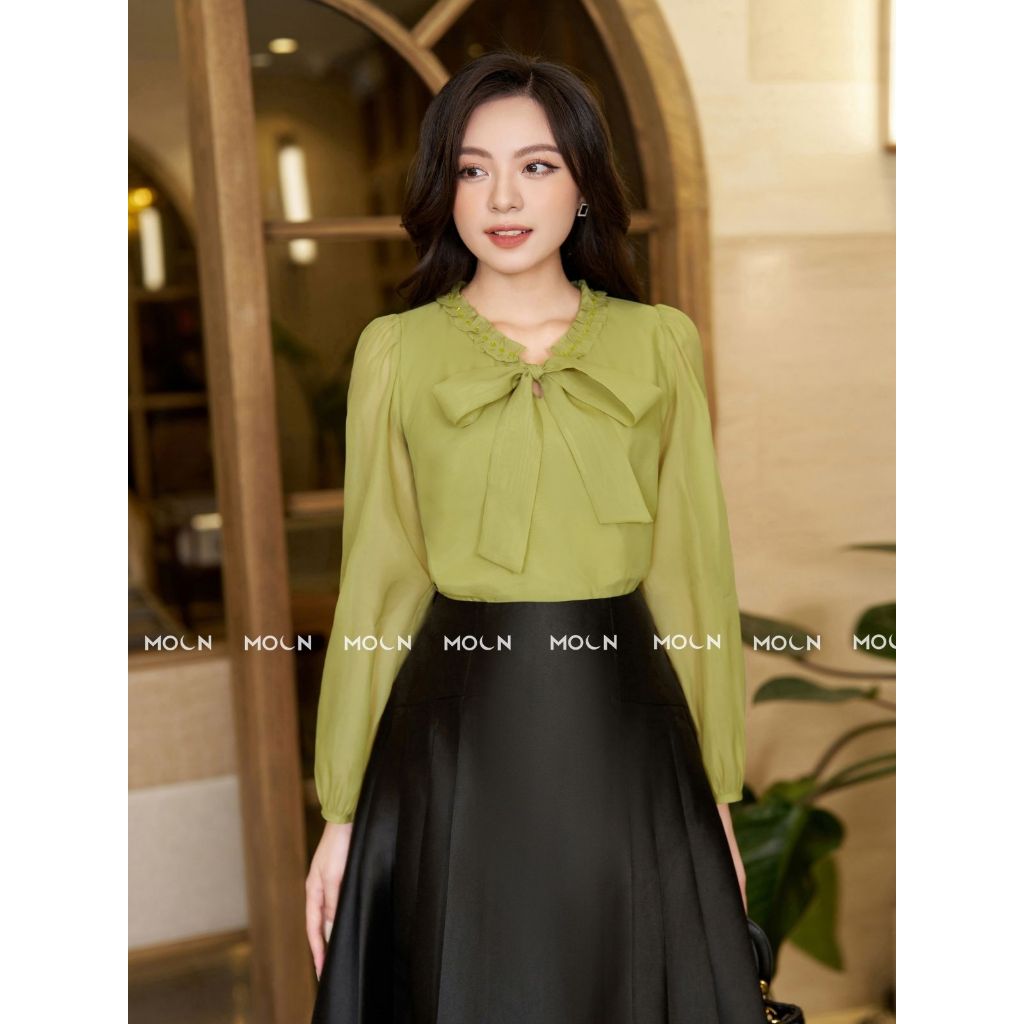 Áo sơ mi chân váy tafta, áo dài tay cổ nơ chất tơ gương MA214 mix chân váy chất taffta basic MCV380 Moon