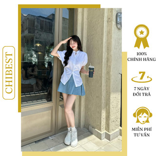 Set chân váy jean xòe áo somi cổ trụ phong cách đơn giản thông dụng CHIBEST LSC92