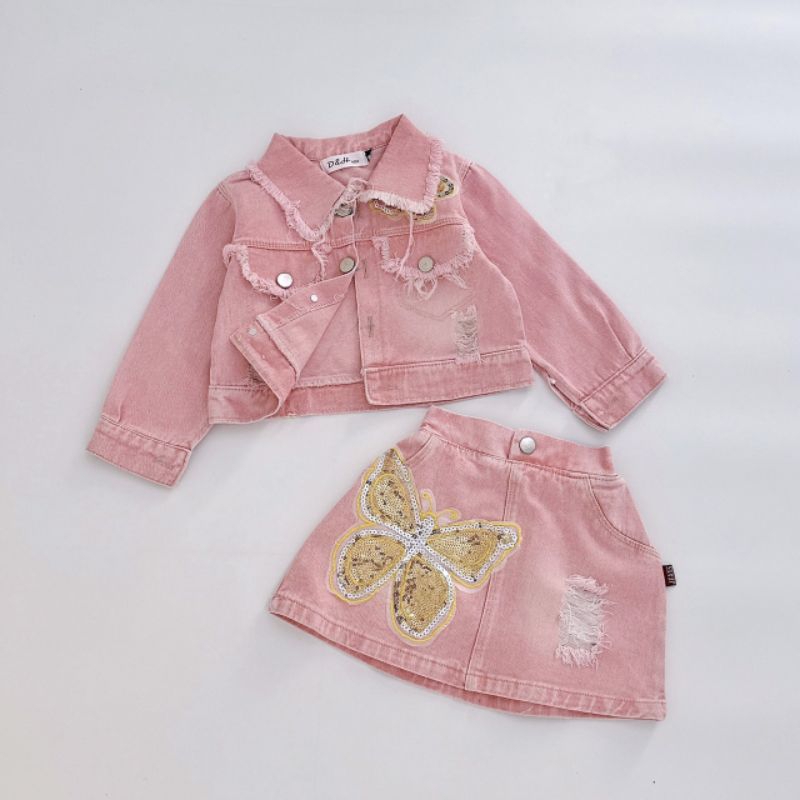 Set   jean mềm đinh hoạ tiết bươm xinh xắn bé gái