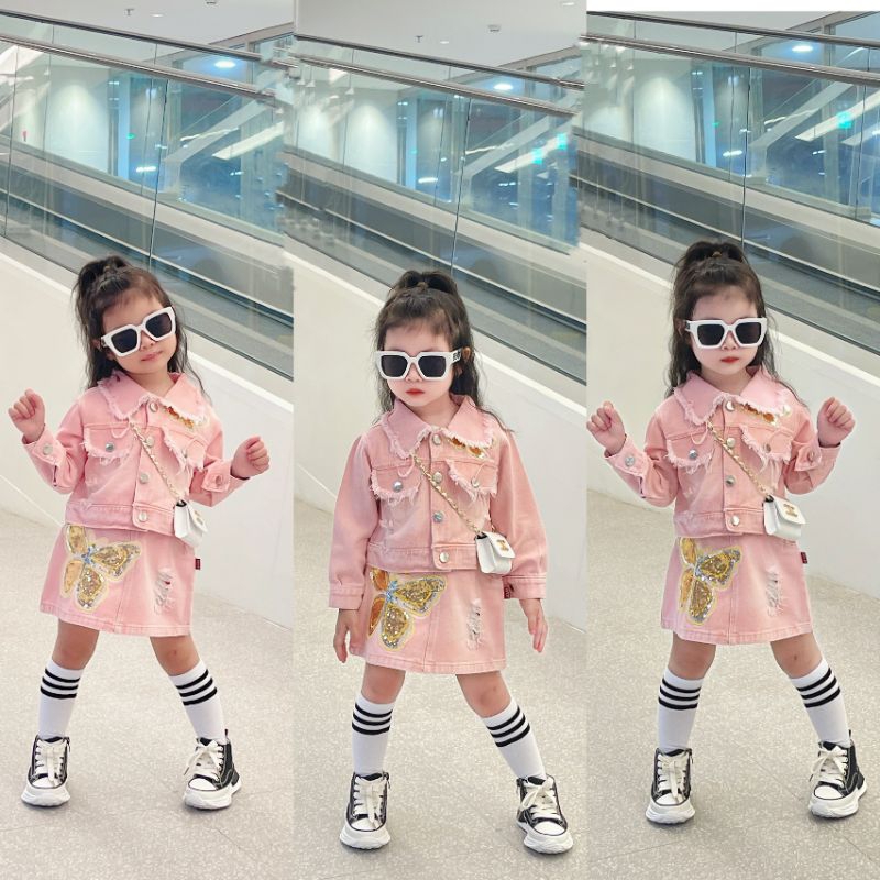 Set   jean mềm đinh hoạ tiết bươm xinh xắn bé gái