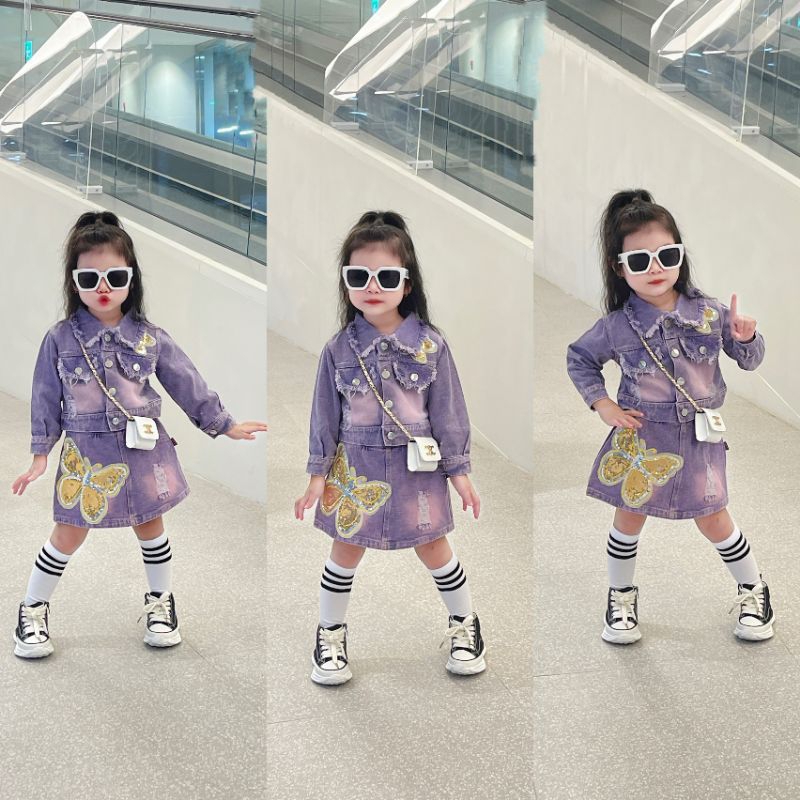 Set   jean mềm đinh hoạ tiết bươm xinh xắn bé gái