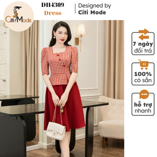 Đầm công sở CITI MODE FASHION thiết kế dáng xòe peplum cổ vuông kẻ phối chân đỏ DH4309