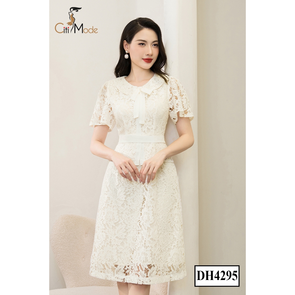 Đầm công sở CITI MODE FASHION thiết kế dáng xoè peplum ren trắng cổ nơ DH4295