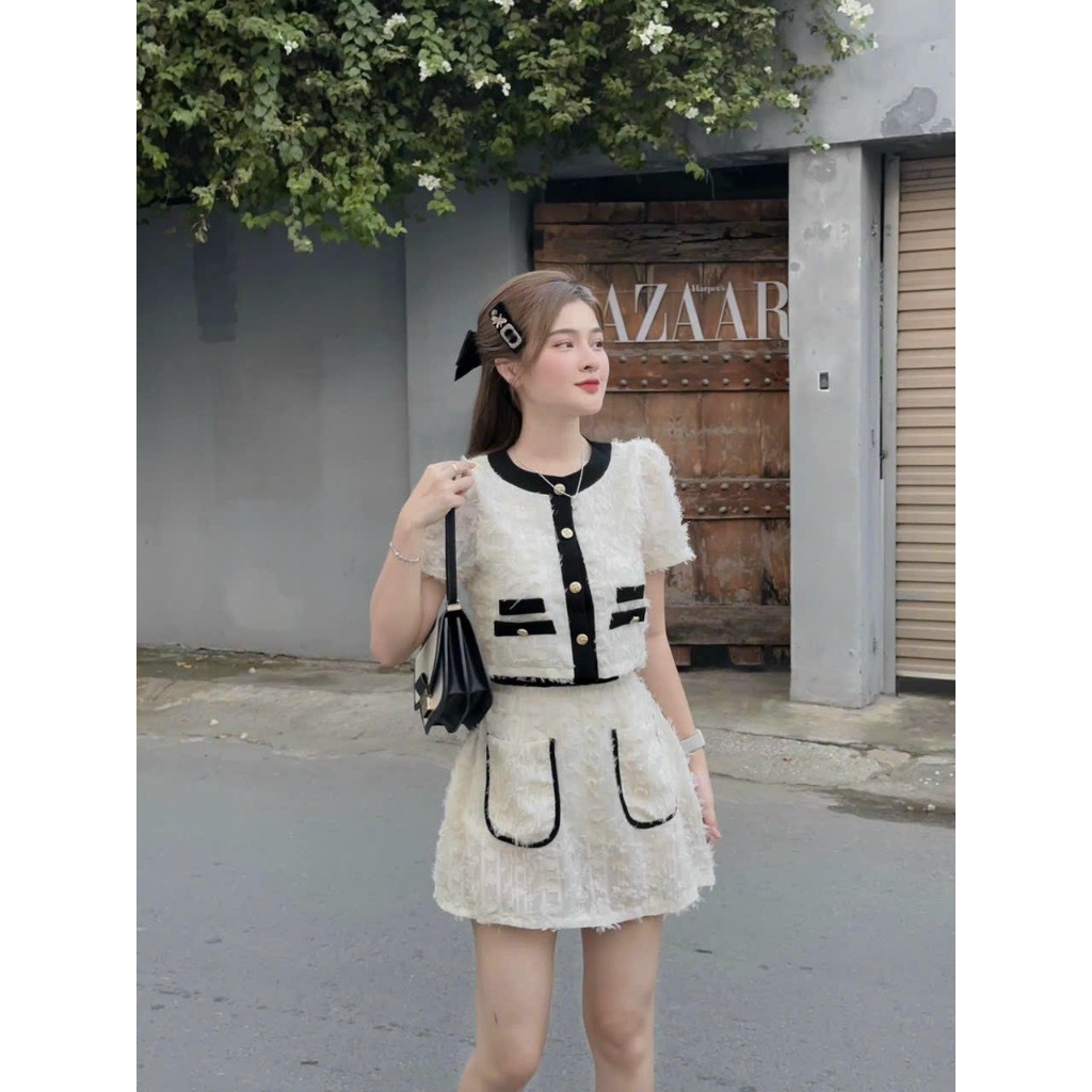 Set váy tiểu thư nữ lông vũ, set áo cổ tròn tay ngắn phối viền đính nút mix chân váy chữ A xinh