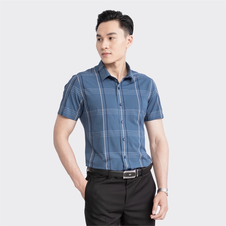 Áo sơ mi nam ngắn tay ARISTINO màu xanh tím than kẻ vàng lịch lãm, thời thượng  - ASS023S3