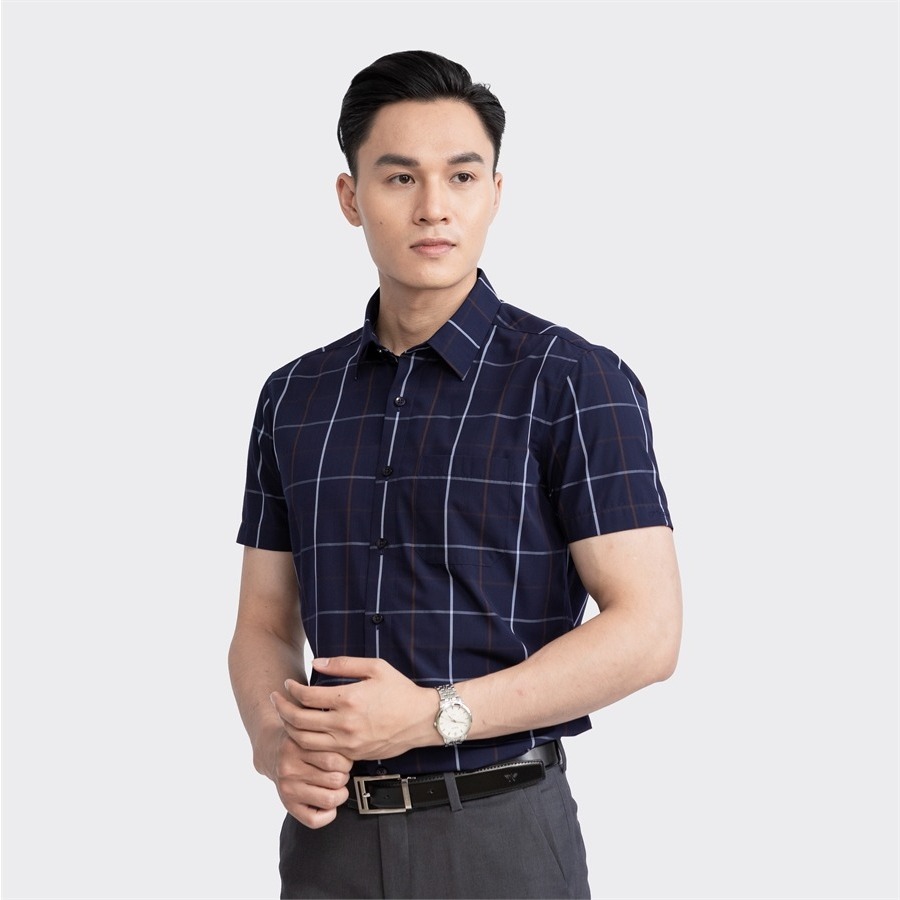Áo sơ mi nam ngắn tay ARISTINO màu xanh tím than kẻ trắng nam tính, lịch lãm - ASS033S3