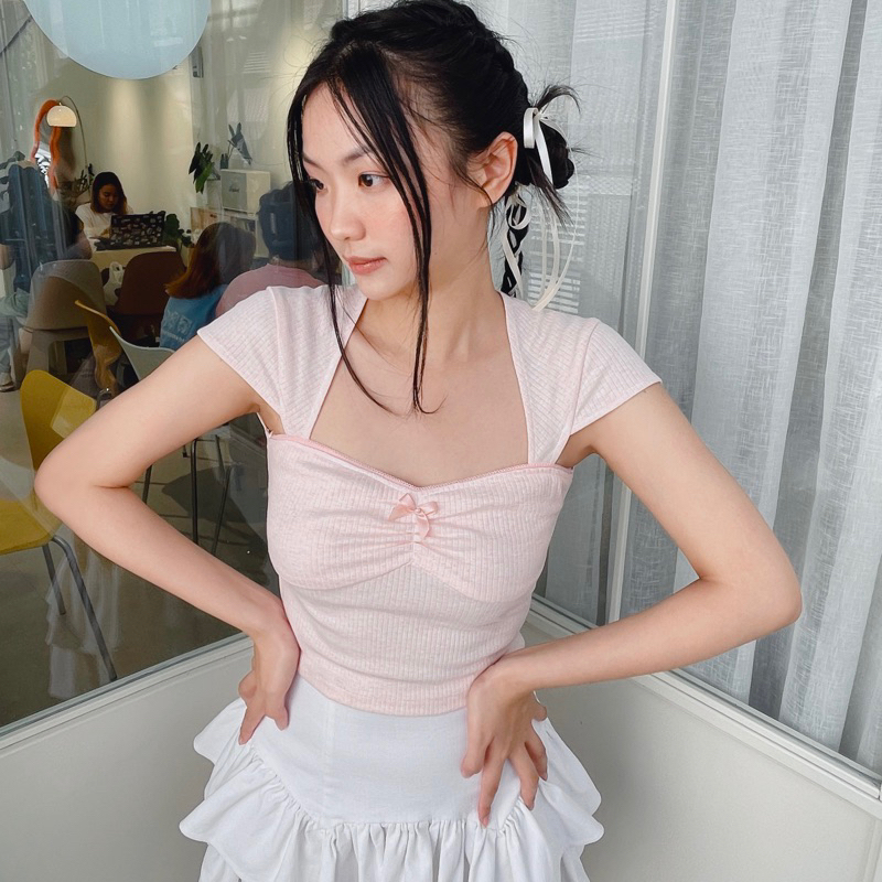 HERMISE Áo ống nhún ngực có tay kiểu cánh tiên đính nơ phong cách coquette y2k - Blush Tube Top