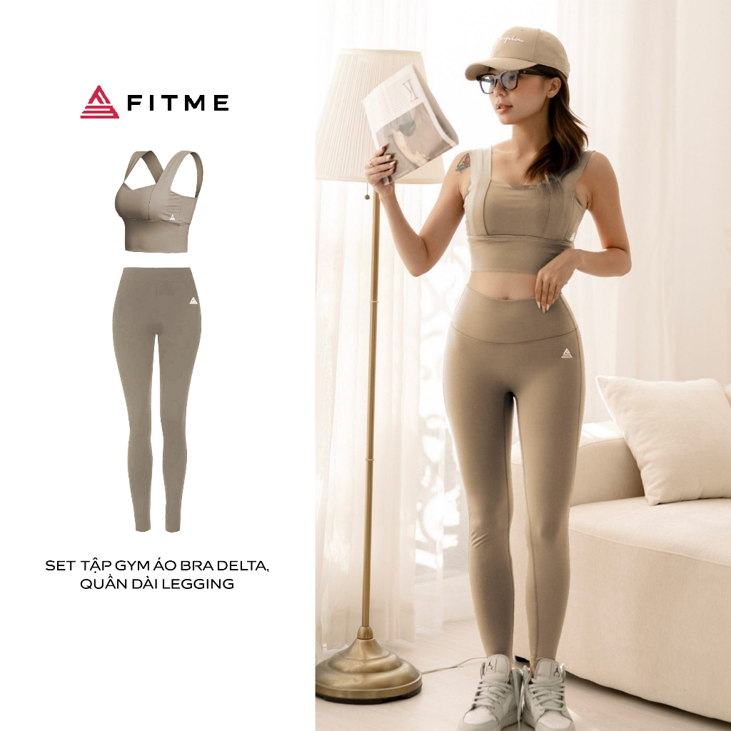 Bộ đồ tập yoga nữ Fitme áo bra tập gym Delta, quần legging dài Sand thể thao co giãn thoải mái