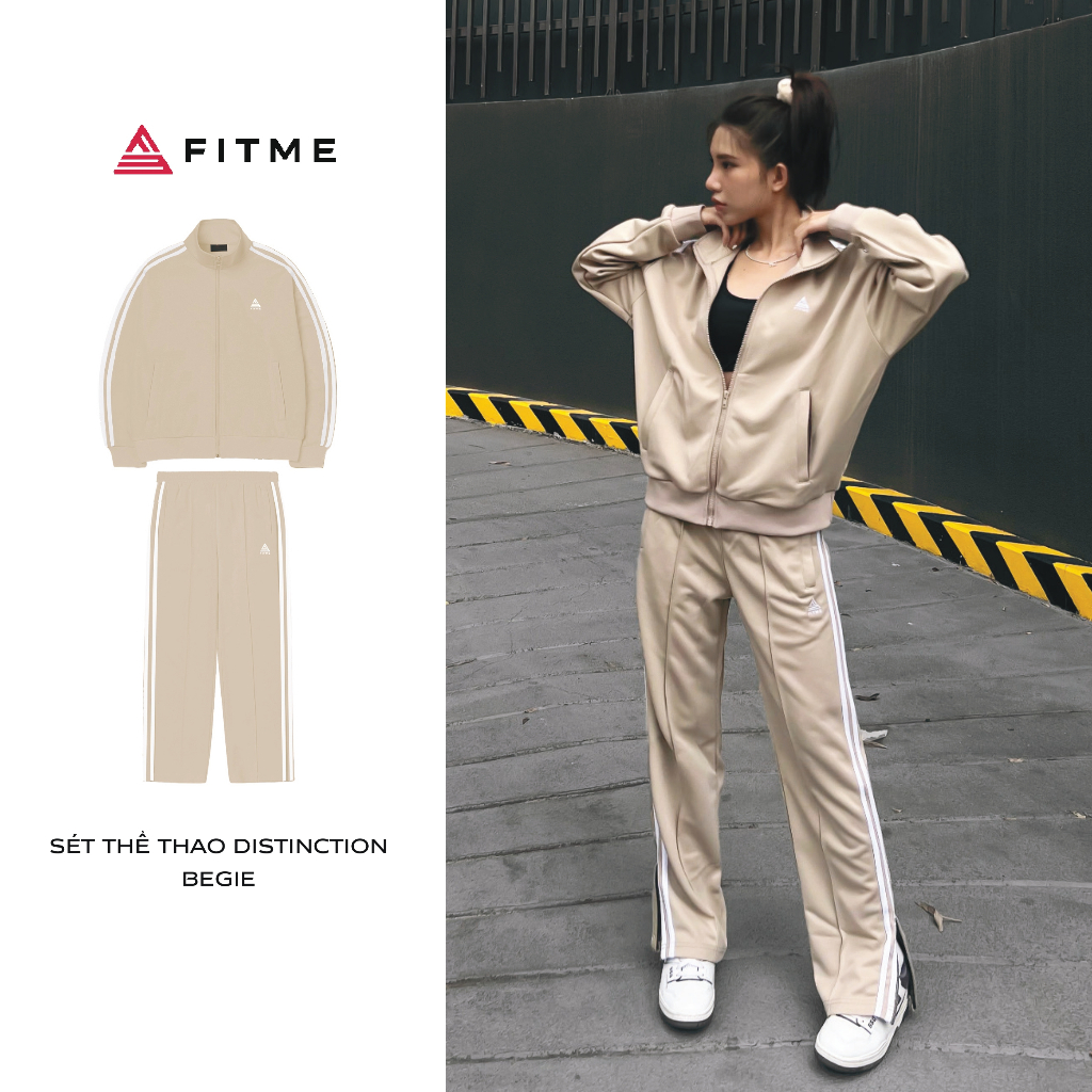 Bộ đồ thể thao Fitme Distinction áo Jacket và quần dài xuông xẻ tà Beige