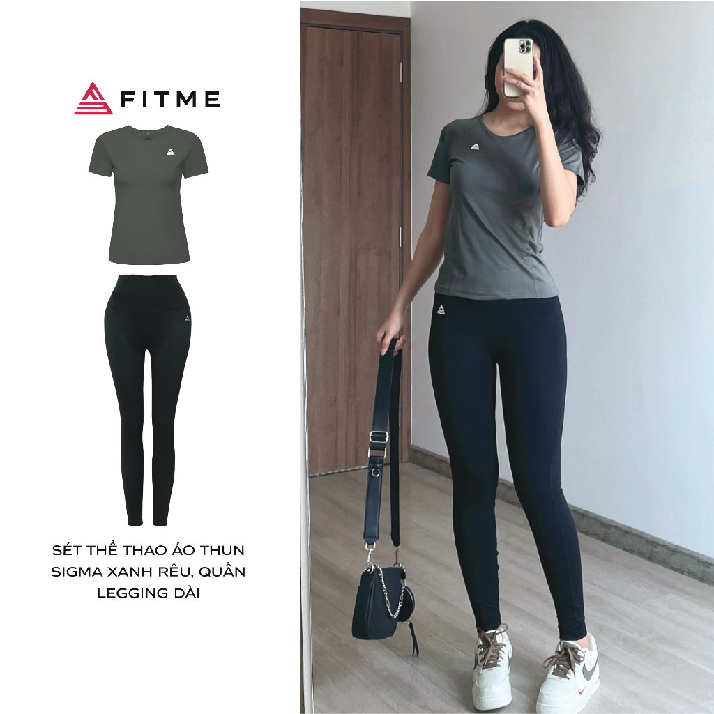 Set đồ tập gym Fitme Sportswear Áo thun Sigma Xanh Rêu, quần legging dài Đen form body nâng mông cao cấp