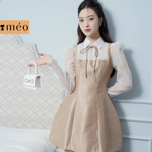 Đầm nữ thiết kế Méo shop cổ nơ tay bồng váy yếm dài tay Mini Echa