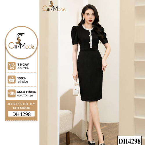 Đầm công sở CITI MODE FASHION thiết kế dáng ôm đen tay lỡ kẹp ren DH4298