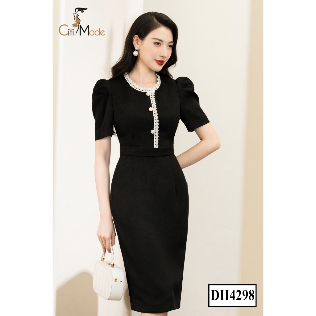 Đầm công sở CITI MODE FASHION thiết kế dáng ôm đen tay lỡ kẹp ren DH4298