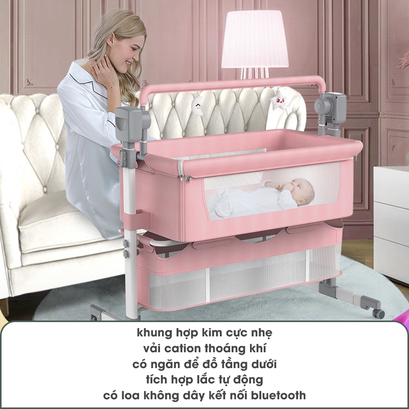 Nôi điện tự động kèm màn có thể ghép liền giường bố mẹ, nôi điện thông minh nâng hạ độ cao - MK035