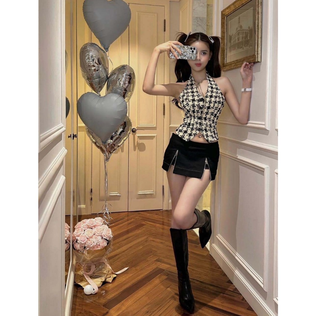 𝐕𝐈𝐑𝐌𝐄𝐄 𝐒𝐄𝐓 chân váy zipline phối áo dạ tweed sát nách - TKCC BAGEO