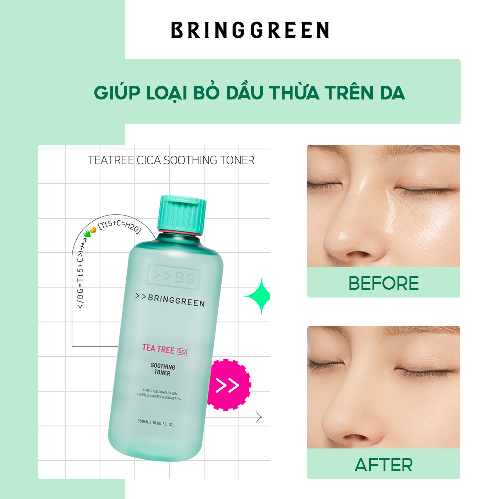 Nước Hoa Hồng Giảm Mụn Làm Dịu Da Tràm Trà BRING GREEN Tea Tree Cica Soothing Toner 250ml/ 510ml