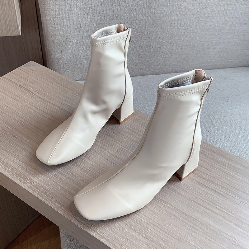 Giày bốt nữ MYZIN cổ cao da mềm có lót nỉ gót 5cm cực xinh,Bốt thời trang ulzzang 2 màu đen, kem siêu đẹp