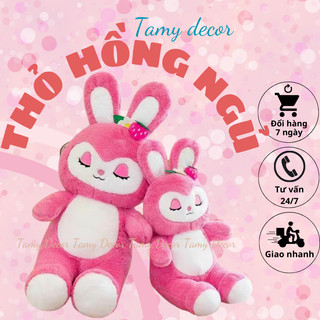 Gấu bông thỏ hồng tai dài cài nơ dâu đáng yêu Tamy Decor gấu bông thỏ hồng nhắm mắt ngủ làm quà tặng dễ thương