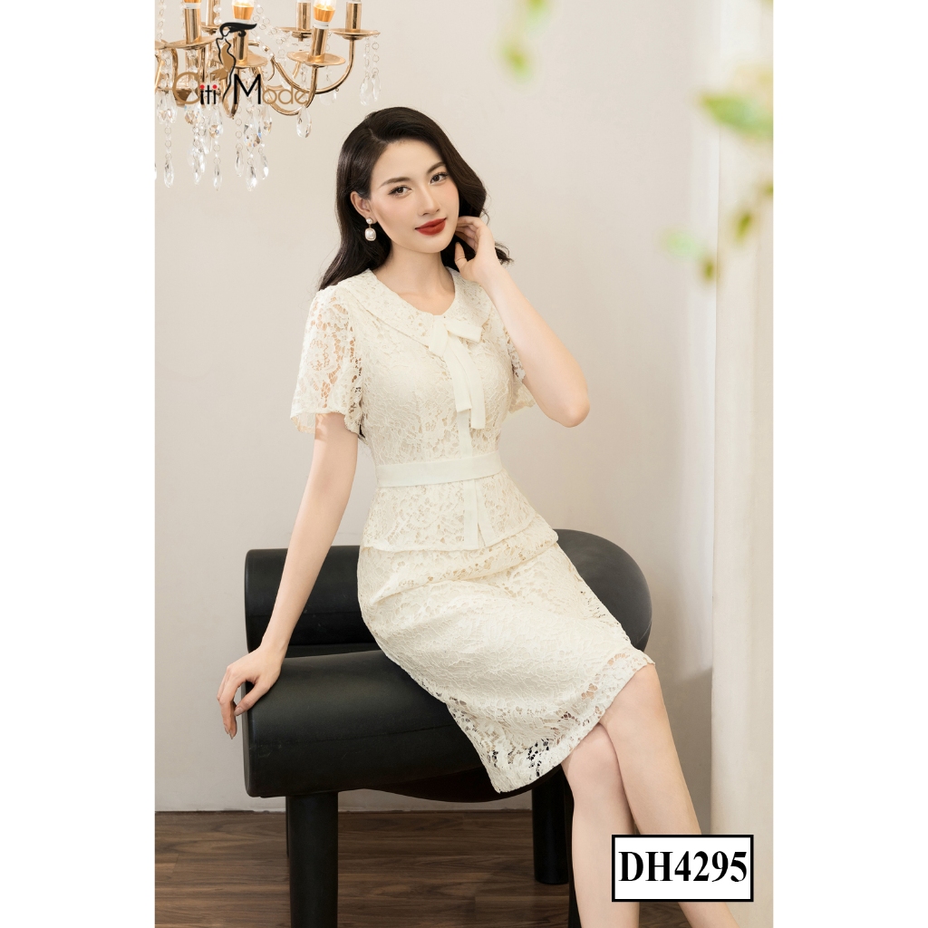 Đầm công sở CITI MODE FASHION thiết kế dáng xoè peplum ren trắng cổ nơ DH4295