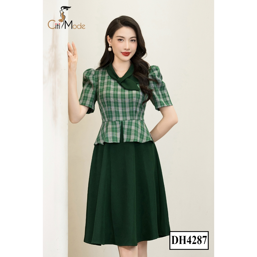 Đầm công sở CITI MODE FASHION thiết kế dáng xoè peplum kẻ xanh cổ phối nơ cách điệu DH4287