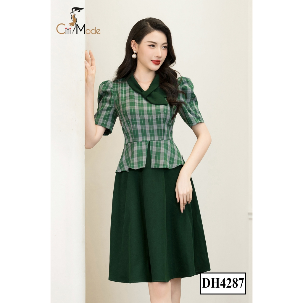 Đầm công sở CITI MODE FASHION thiết kế dáng xoè peplum kẻ xanh cổ phối nơ cách điệu DH4287