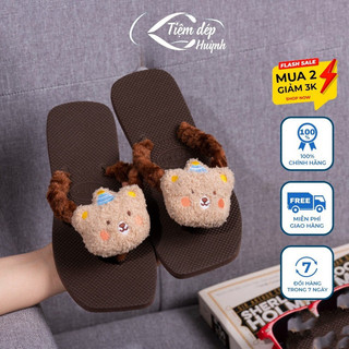 Dép kẹp nữ quai lông mix charm gấu bông siêu dễ thương