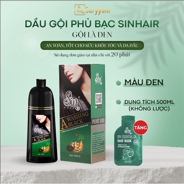 Dầu Gội Phủ Bạc SIN HAIR Màu Đen Không Hoá Chất,Chiết Xuất Nhân Sâm Phủ Bạc Ngay Lần Đầu Tiên Chai 500ml