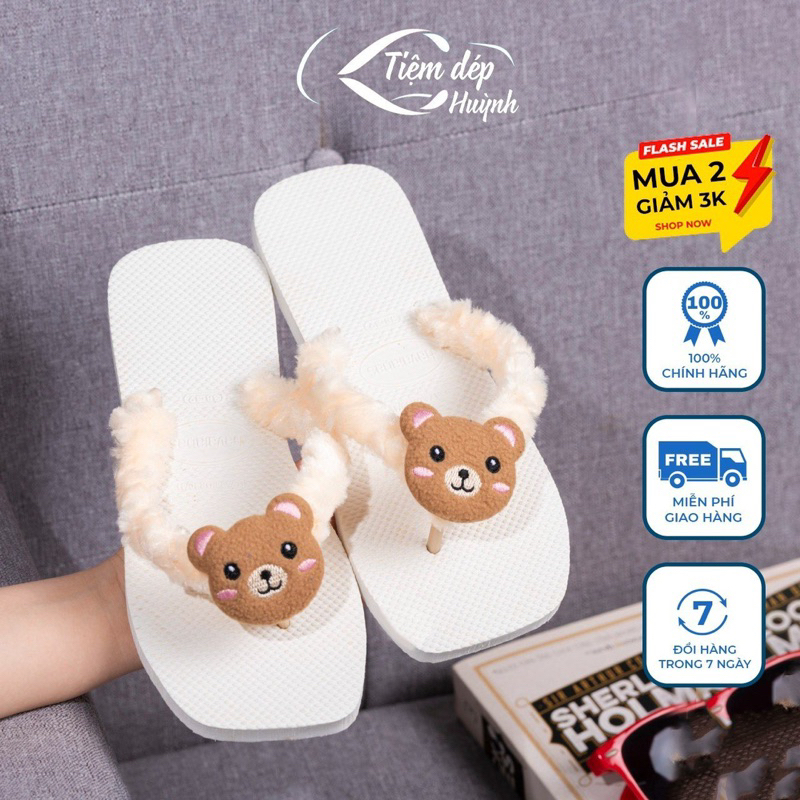 Dép Kẹp Nữ Quai Lông Mix Charm Gấu Bông Siêu Dễ Thương