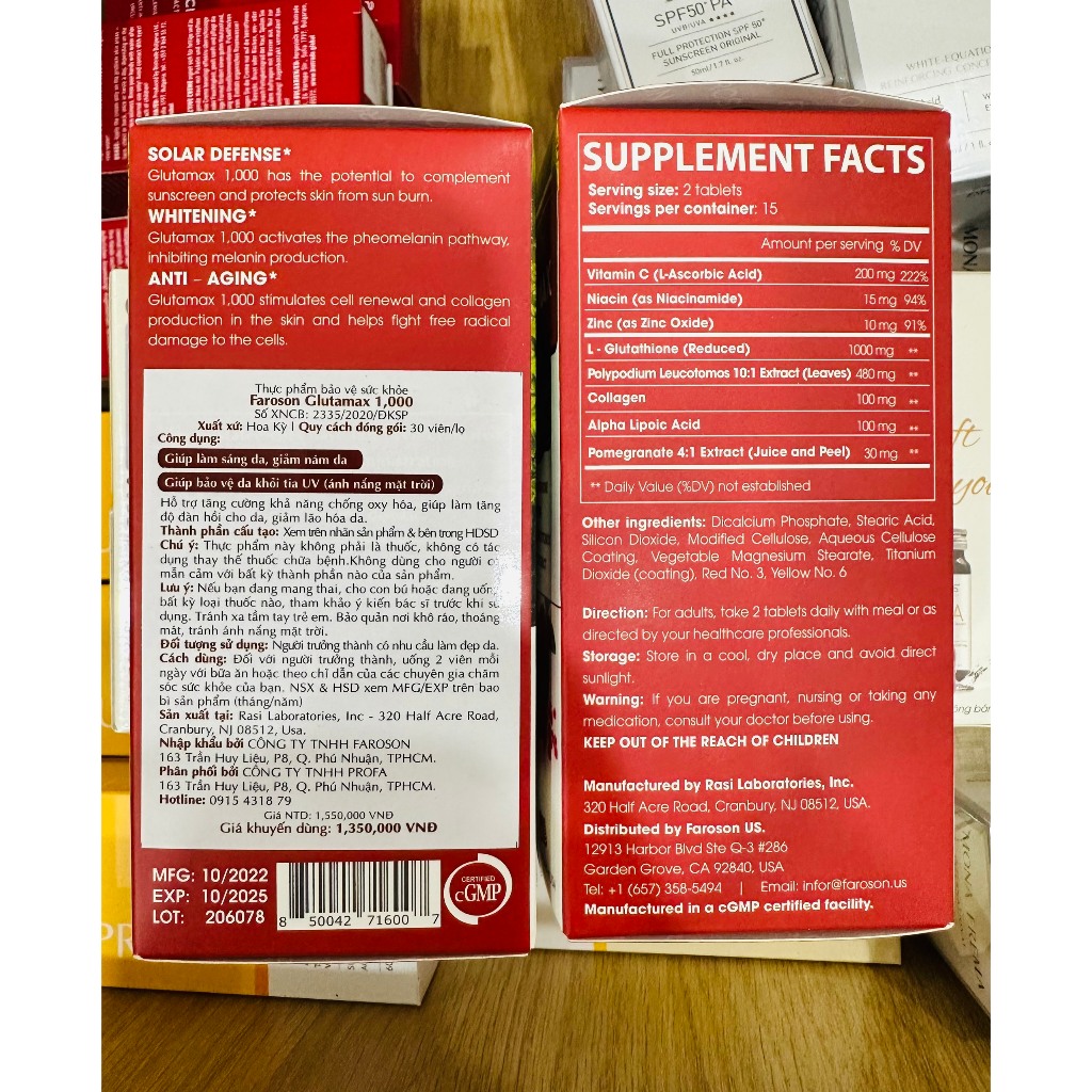 Viên uống glutathione trắng da mờ nám chống nắng Glutamax 1000 hộp 30 viên