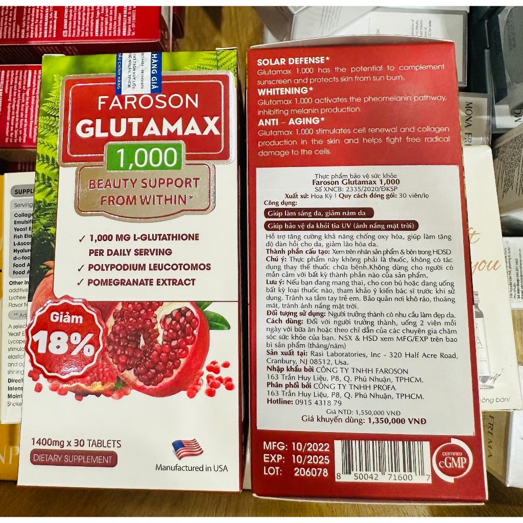 Viên uống glutathione trắng da mờ nám chống nắng Glutamax 1000 hộp 30 viên
