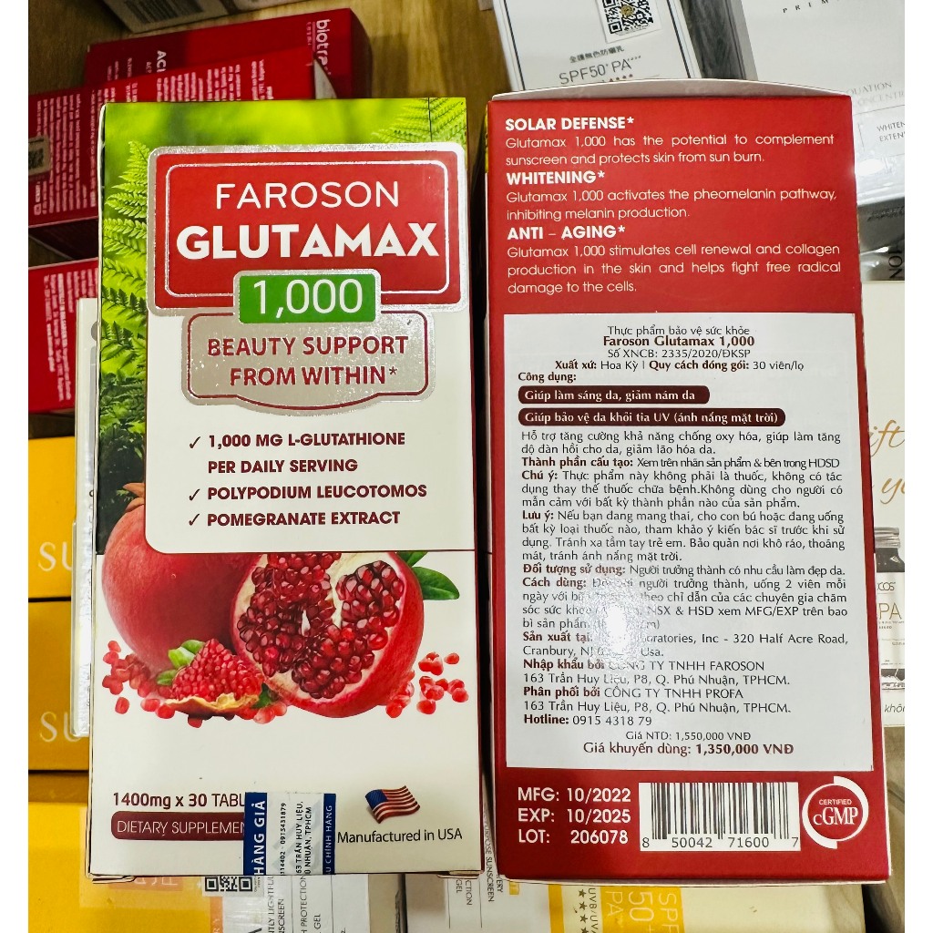 Viên uống glutathione trắng da mờ nám chống nắng Glutamax 1000 hộp 30 viên