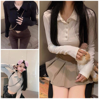 Áo Croptop cổ bẻ thun tăm nữ. Áo croptop cúc bấm 3 màu
