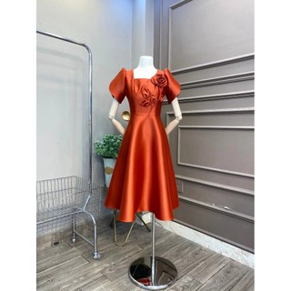 🍒 Đầm tafta xòe cổ vuông tay ngắn đính hoa hồng nhiều màu