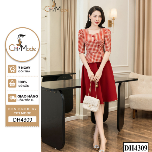 Đầm công sở CITI MODE FASHION thiết kế dáng xòe peplum cổ vuông kẻ phối chân đỏ DH4309