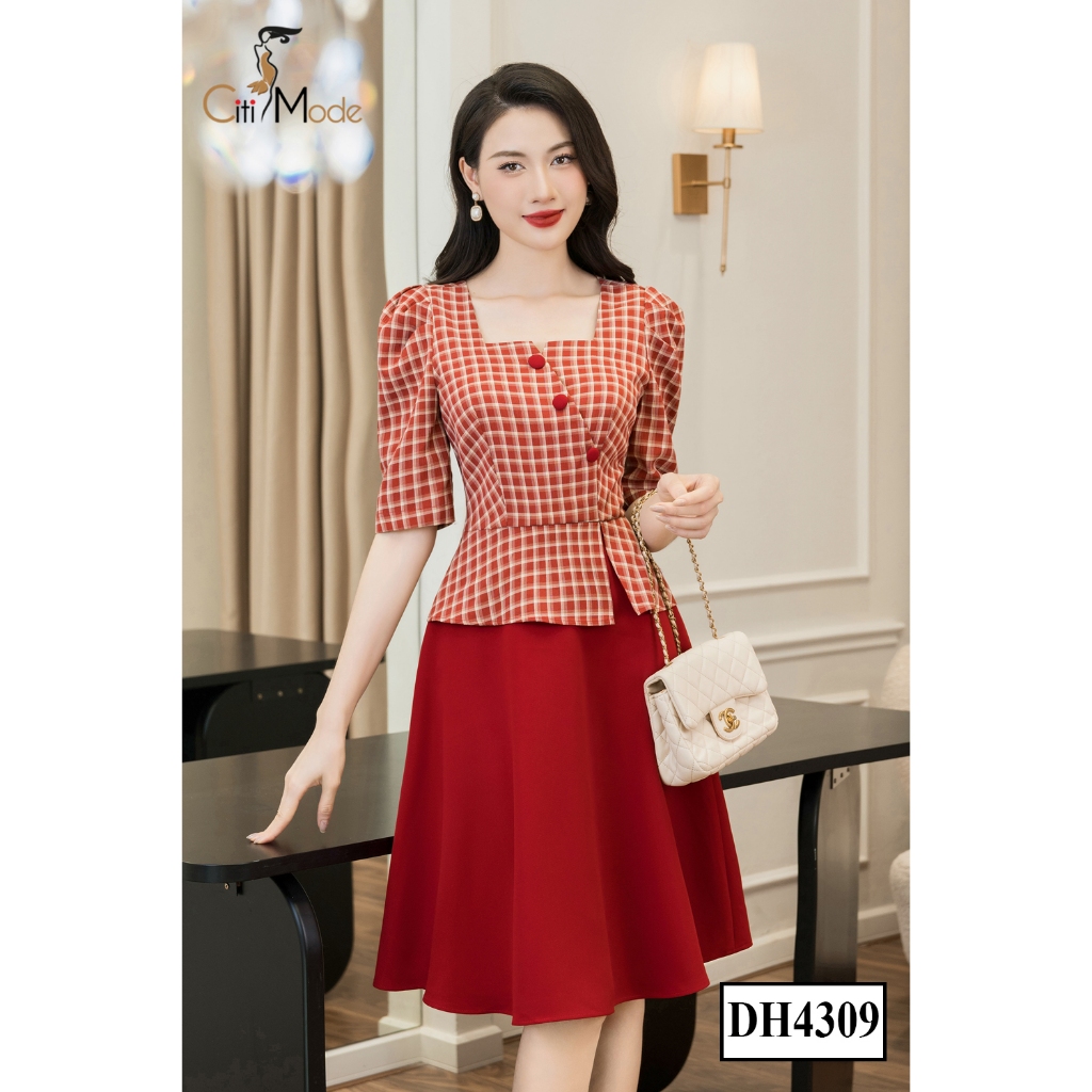 Đầm công sở CITI MODE FASHION thiết kế dáng xòe peplum cổ vuông kẻ phối chân đỏ DH4309