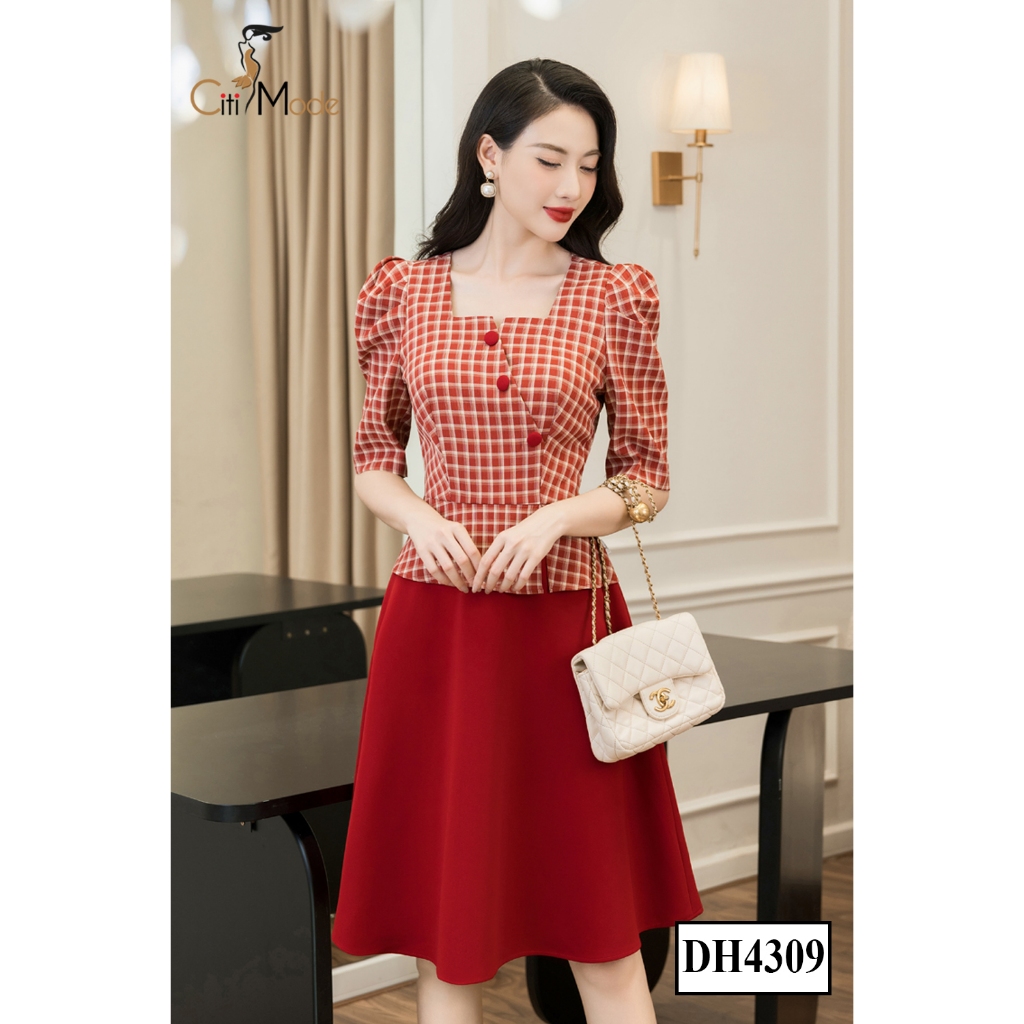 Đầm công sở CITI MODE FASHION thiết kế dáng xòe peplum cổ vuông kẻ phối chân đỏ DH4309