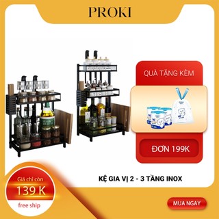 Kệ đựng gia vị nhà bếp 2 - 3 tầng Proki, Kệ bếp để gia vị đa năng inox sơn tĩnh điện có ống cắm đũa và giá để dao thớt