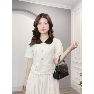Áo dạ cổ sen phối màu cúc ngọc min house