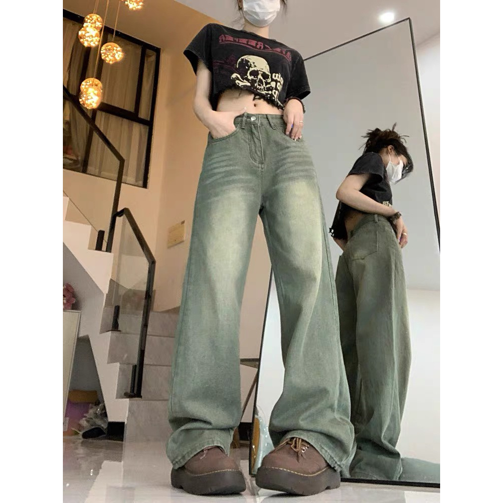 Quần Bò Nữ Ống Suông Màu Xanh Rêu , Quần Jeans Nữ Ống Rộng Phong Cách Retro TL29