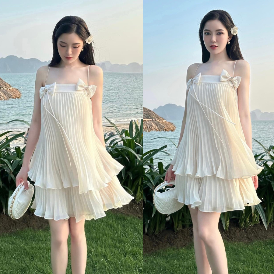 Đầm Nữ 2 Dây Bánh Bèo Veromoda Váy Bánh Bèo Chất Liệu Vải Tơ Dập Ly Cao Cấp Đẹp Quyến Rũ , Sang Trọng
